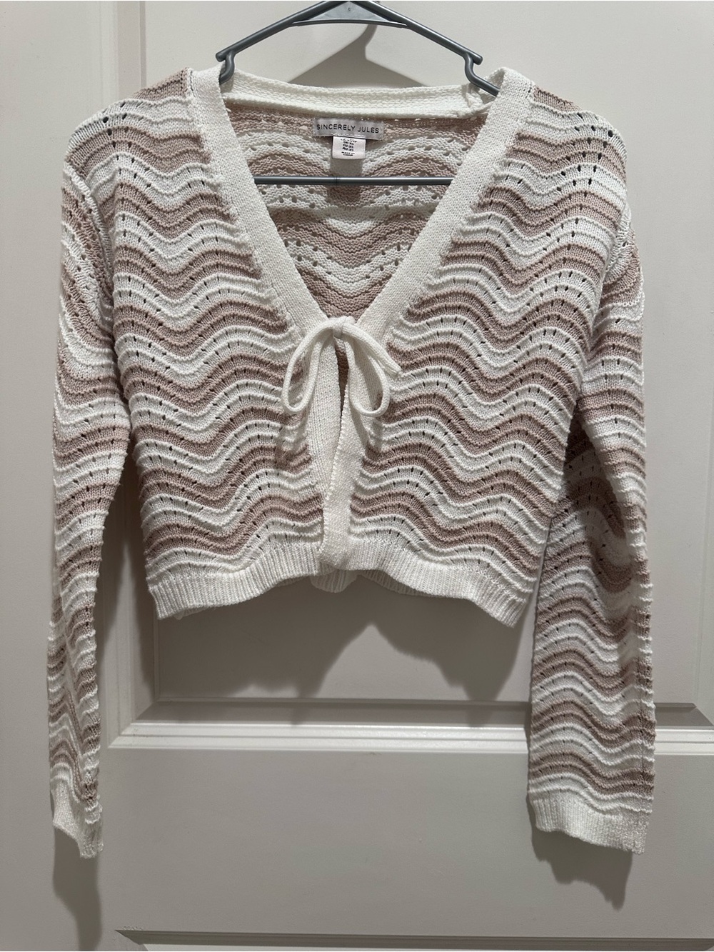 Sincerely Jules Cream & Blush Open-Knit Tie-Front Cardigan